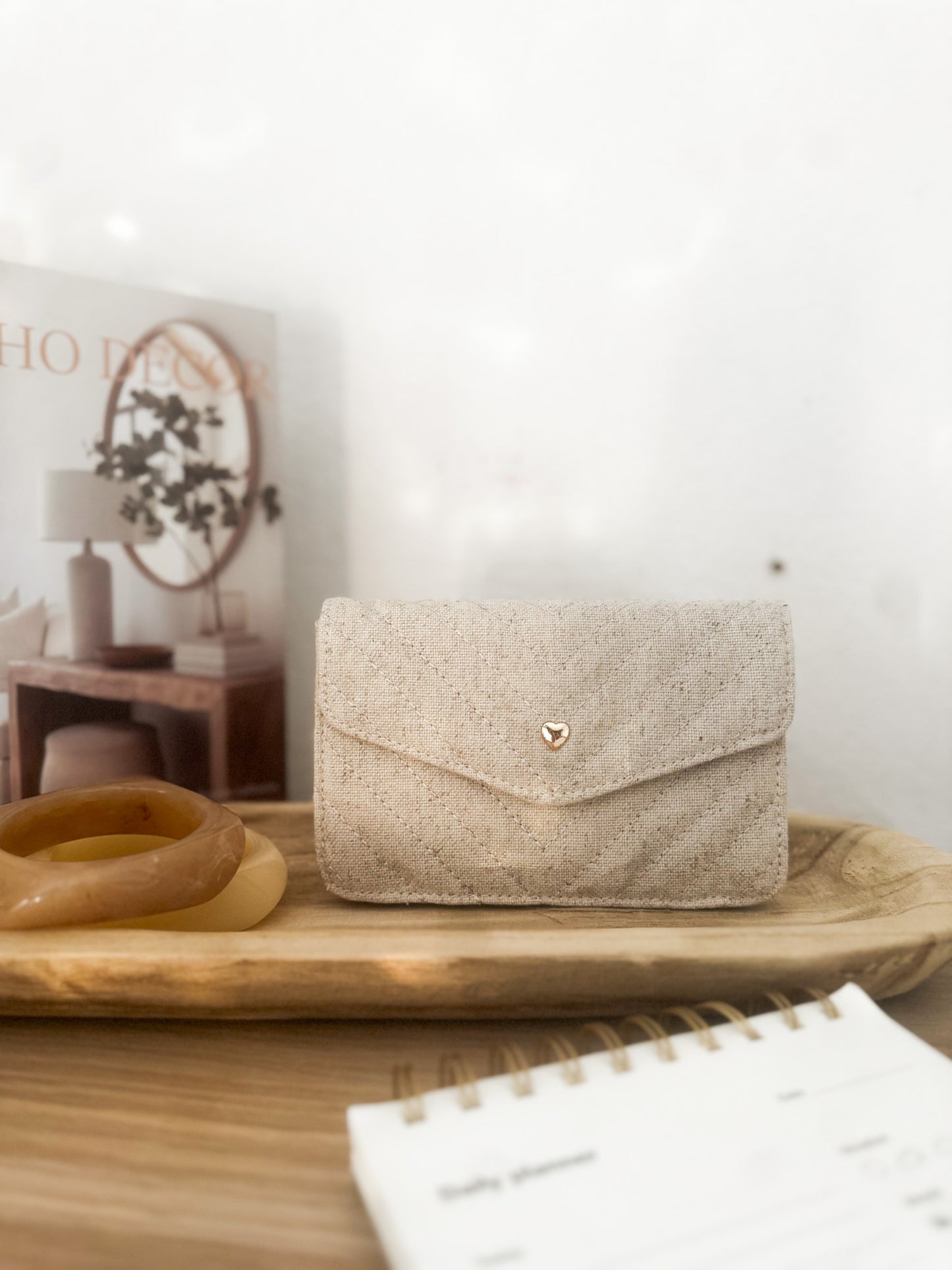 Portefeuille en lin matelassé - Détail Coeur Doré