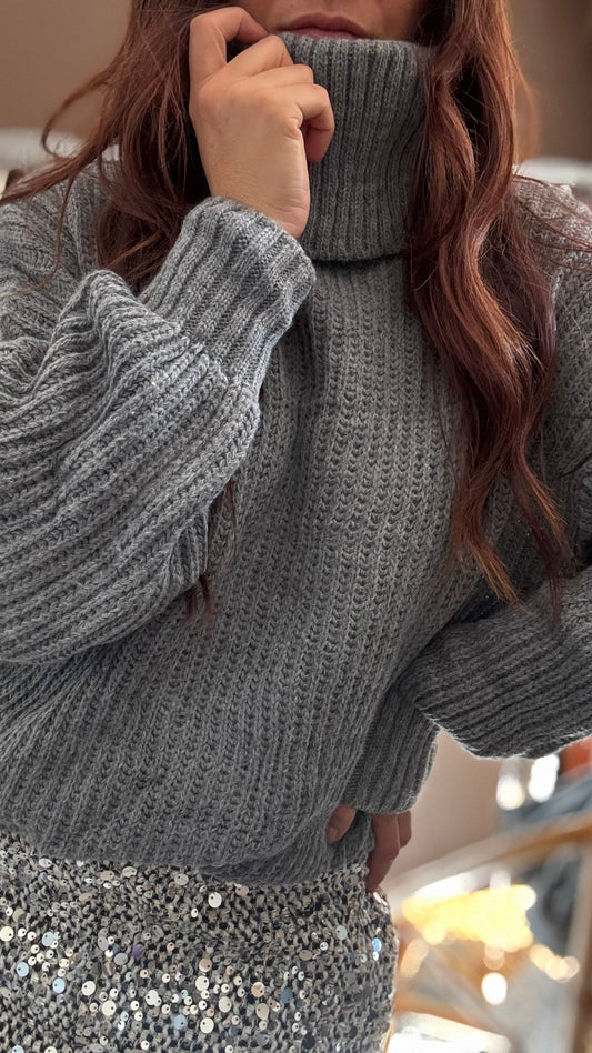 Pull Col Roulé Gris