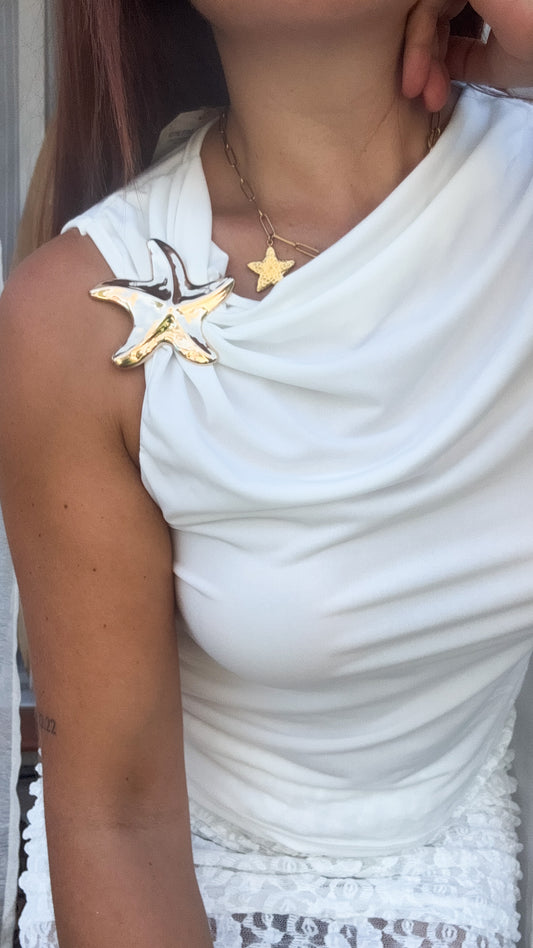 Top Blanc manches courtes & Broche Étoile de Mer - White Star