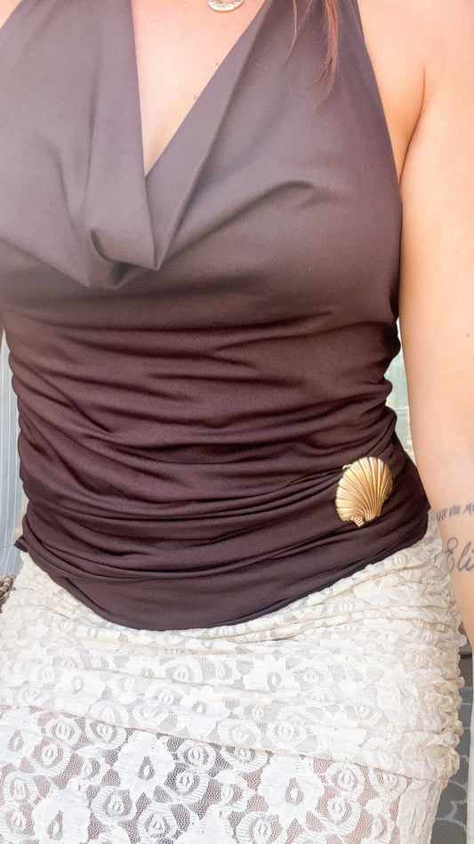 Top dos nu Chocolat & Broche Coquillage - Coconut Shell