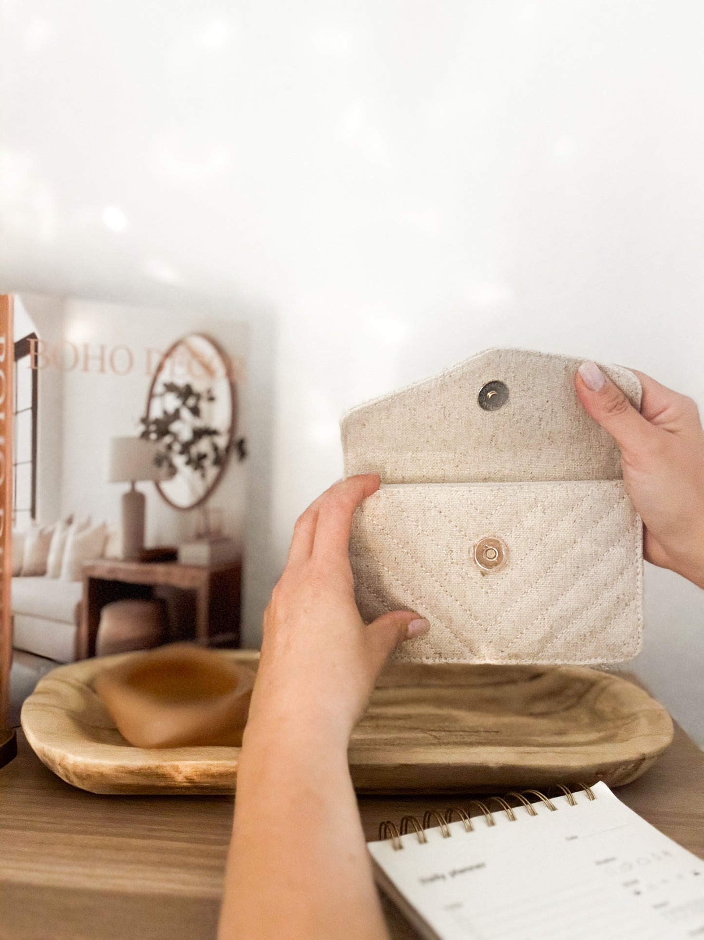 Portefeuille en lin matelassé - Détail Coeur Doré