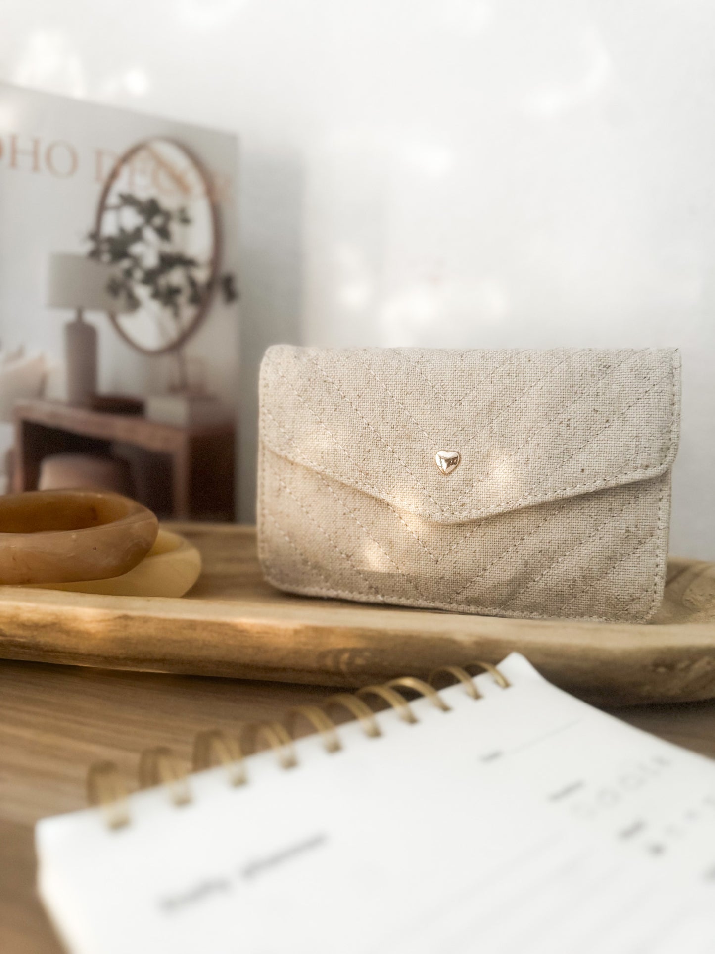 Portefeuille en lin matelassé - Détail Coeur Doré