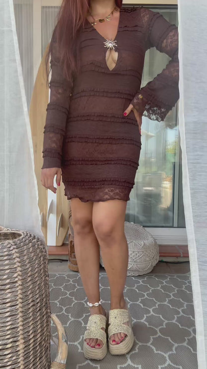 Robe en Dentelle Chocolat et Broche Soleil - Sunset Bloom