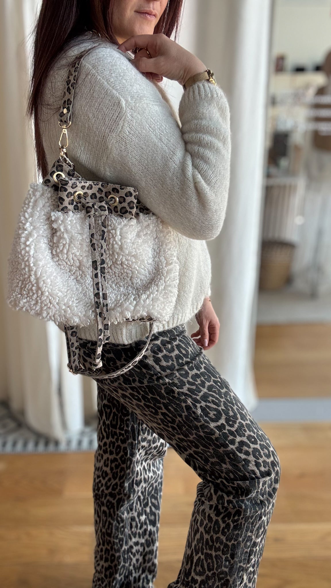 Sac Seau Blanc Moumoute & Cuir Léopard