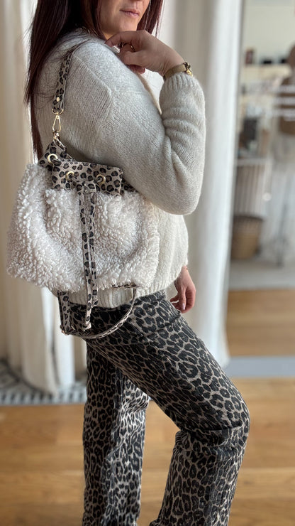Sac Seau Blanc Moumoute & Cuir Léopard