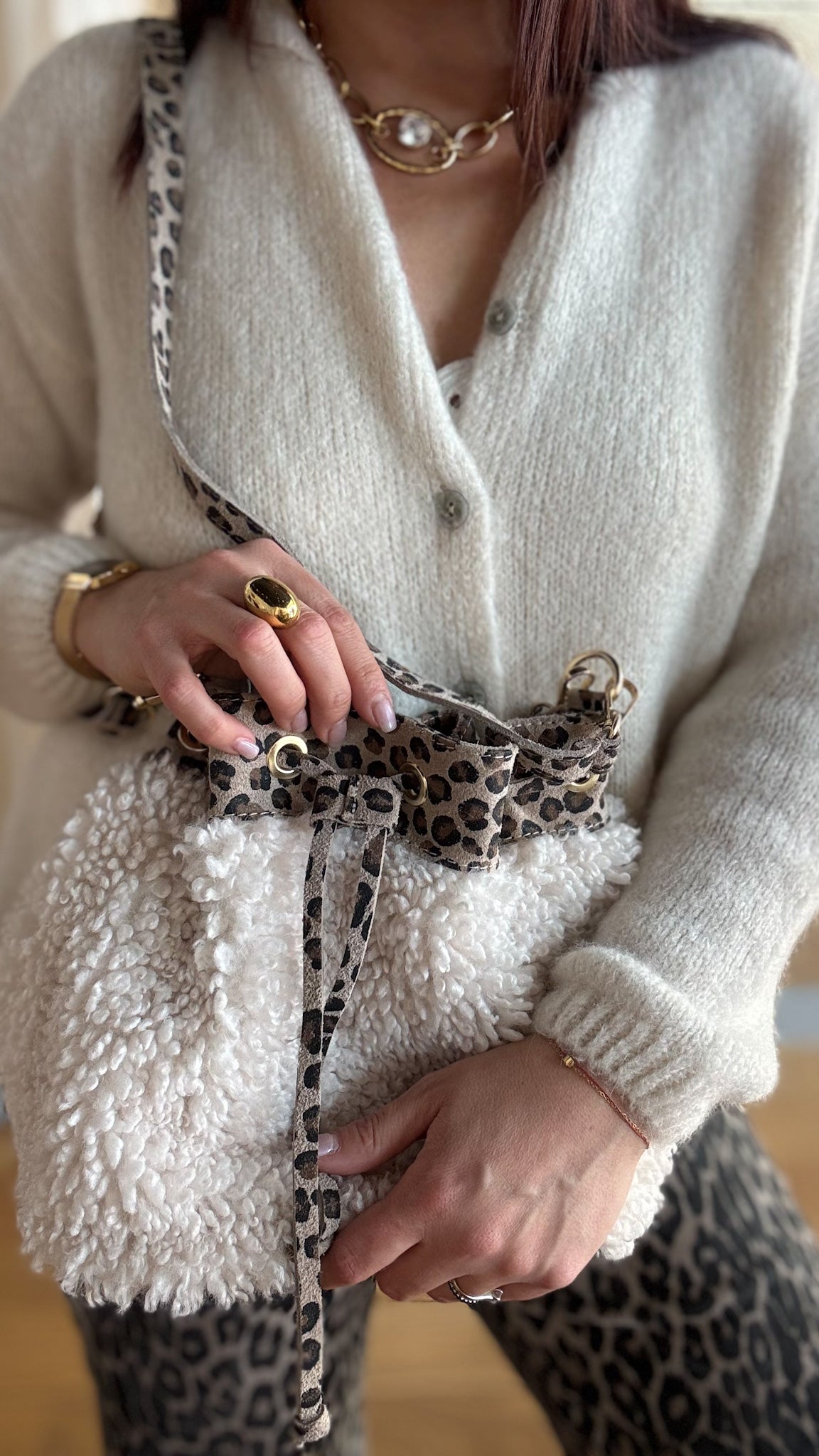 Sac Seau Blanc Moumoute & Cuir Léopard